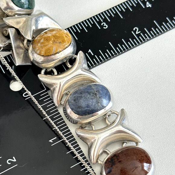 Taxco Vintage 925 Sterling Silver Heavy Chunky Multi Gemstone Link Bracelet 6.5" - Picture 12 of 12